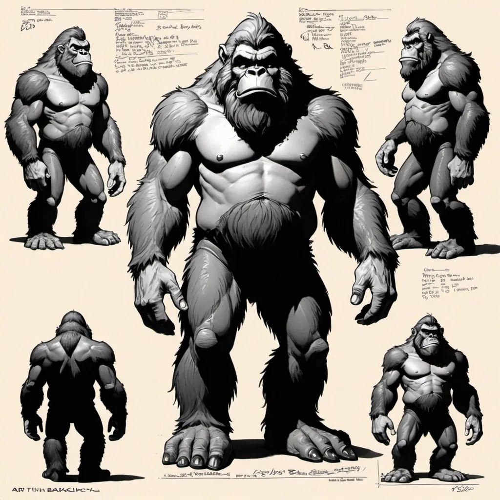 Prompt: Model Sheet layout, in the art style of Ralph Bakshi, Subject Sasquatch