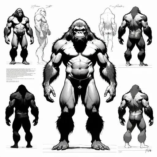 Prompt: Model Sheet layout, in the art style of Bill Sienkiewicz, Subject Sasquatch, front facing T-pose, no lighting, flat, detailed line drawing, black and white, no signature, artist autograph: Michael Pliaconis, Iconic Illustration, 