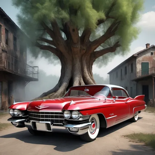 Prompt: Ambiente post industriale degradato con albero secco, persona seduta in primo piano, Cadillac rossa del 1960, carrozzina bimbo, ciminiera con fumo, digital art.