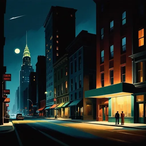 Prompt: group of bent skyscrapers at night with illuminated street in Edward Hopper style, digital art.