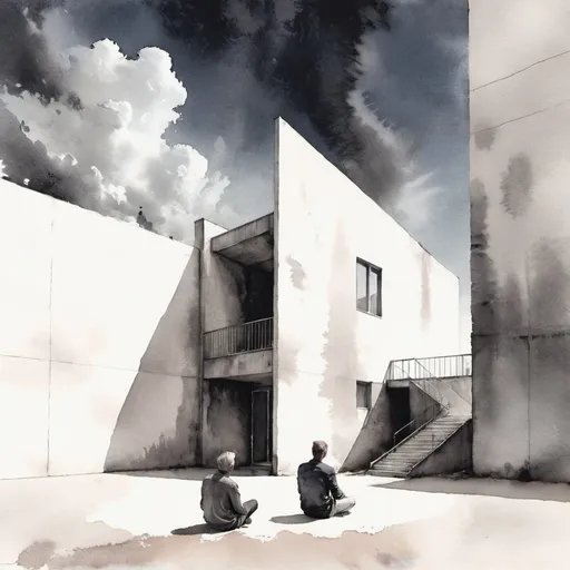 Prompt: a man sitting on the ground in front of a building with a sky background and a person laying on the ground, Amalia Lindegren, light and space, archdaily, a matte painting.