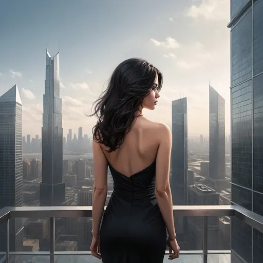 Prompt: Woman with dark hair, full figure, from back on a terrace at the top of a skyscraper in front of a cityscape with skyscrapers, digital art.