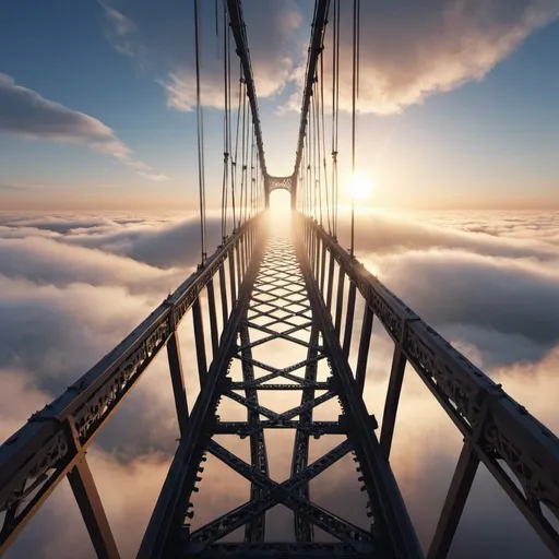 Prompt: Iron bridge, skyscraper, fog, sun, clouds, strange perspective, digital art