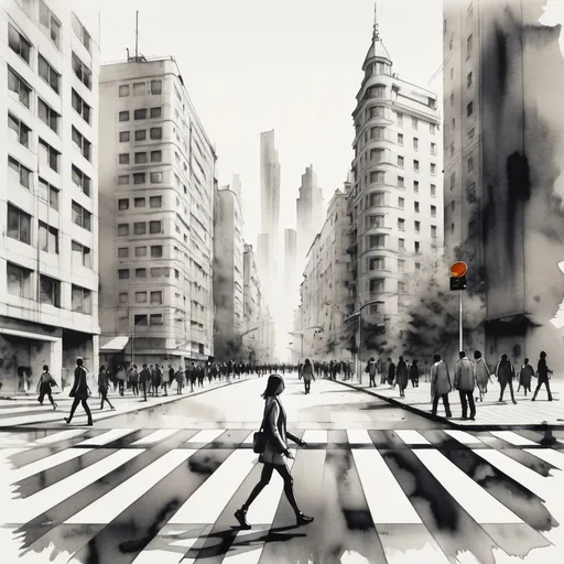 Prompt: single person crossing a pedestrian crossing in modern town with high buildings, ink and wash style