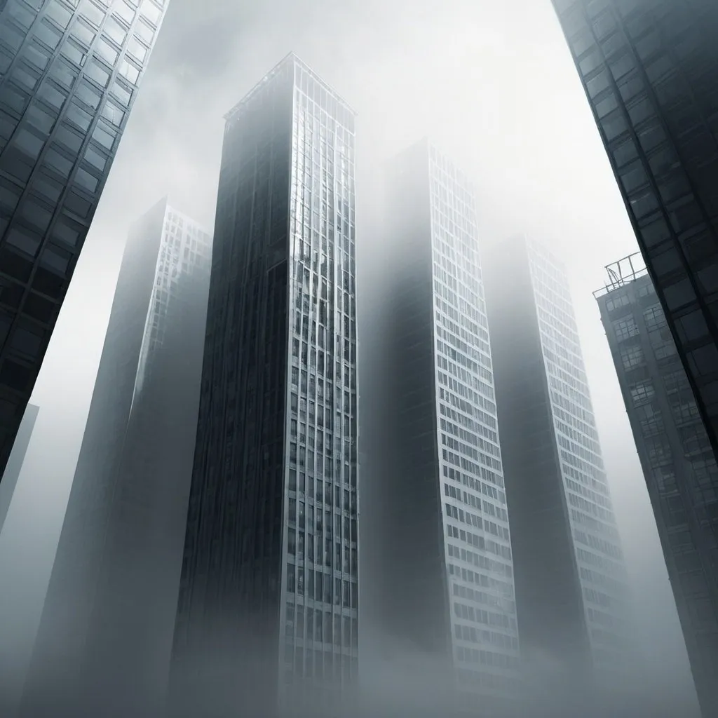 Prompt: urban space with tall buildings with windows and fog, digital art.