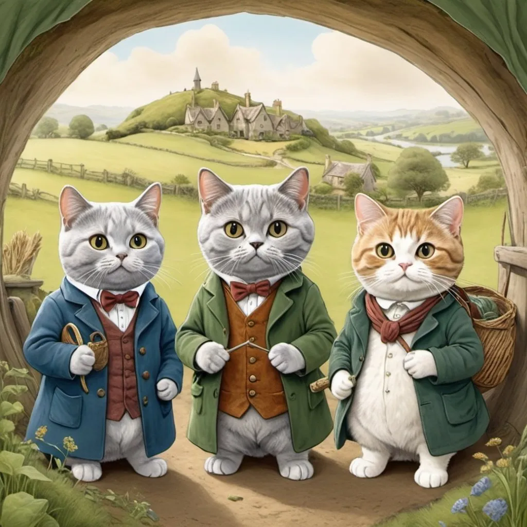 Prompt: Illustration of British shorthair cats in the style of Beatrix potter, dressed as hobbits and with Hobbiton in the background 