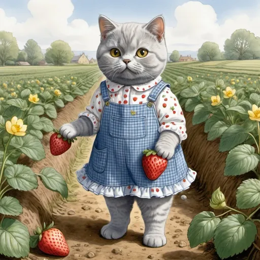 Prompt: Illustration of a British shorthair cat picking strawberries in a strawberry field, wearing a blue and white checked dungaree dress with a pattern of yellow ducklings on the dress, and frills at the hem. The illustration is in the style of Beatrix potter. 