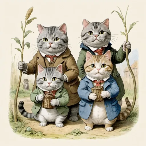 Prompt: An illustration of the wind in the willows characters by Beatrix potter featuring British shorthair cats