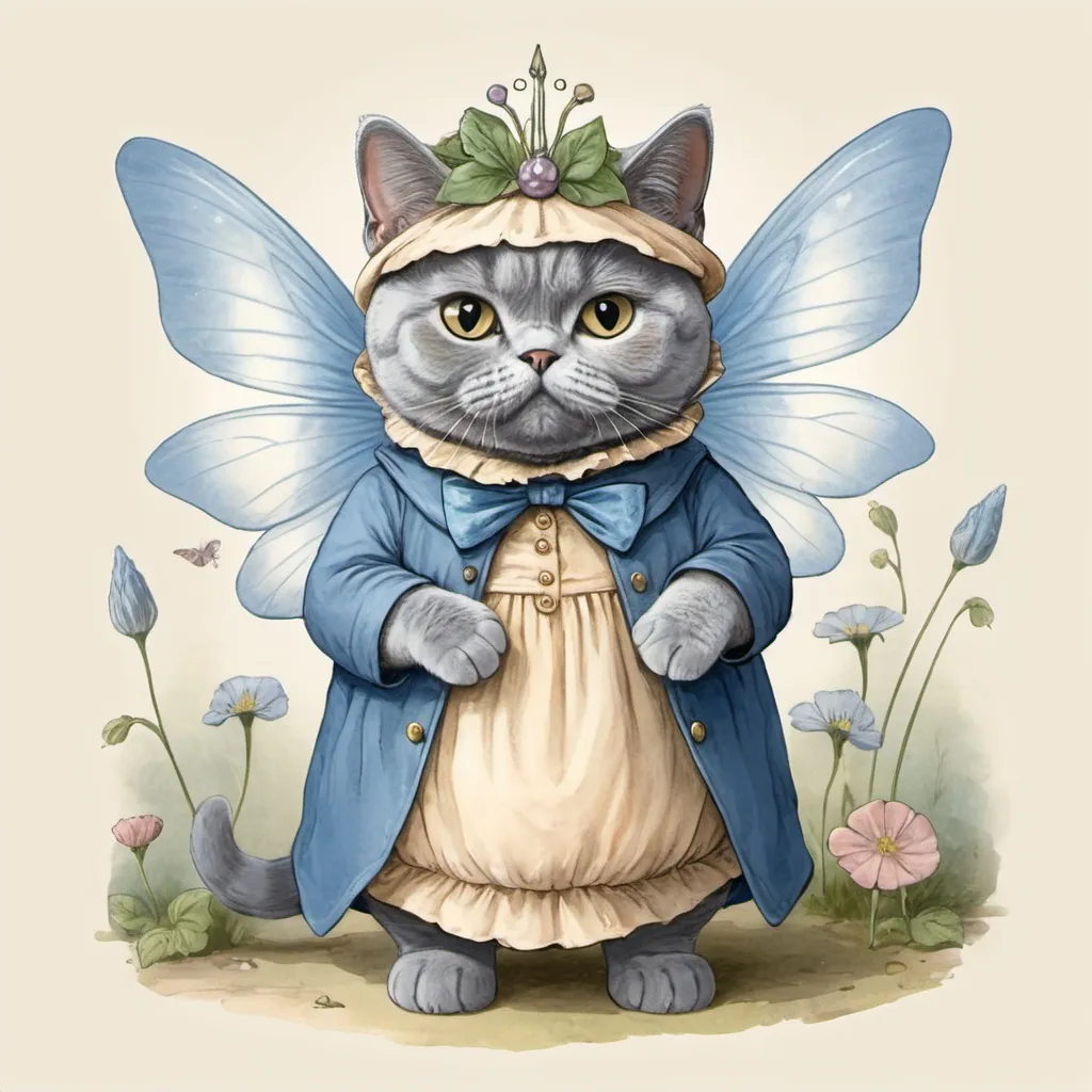 Prompt: Illustration of a blue british shorthair cat dressed as a fairy in the style of Beatrix Potter 