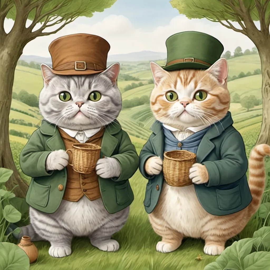 Prompt: Illustration of British shorthair cats in the style of Beatrix potter, dressed as hobbits with green fields and trees in the background 