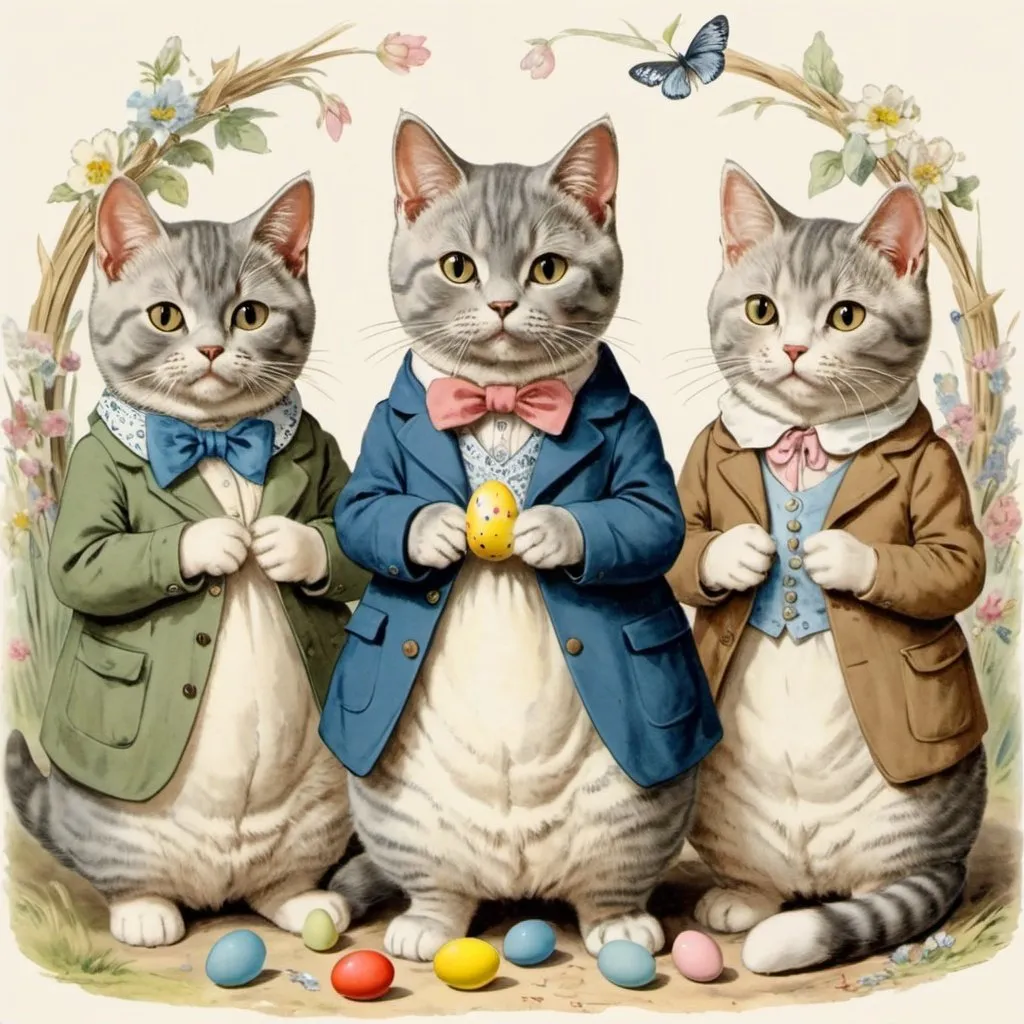 Prompt: Vintage Easter postcode featuring British shorthair cats in the style of Beatrix potter