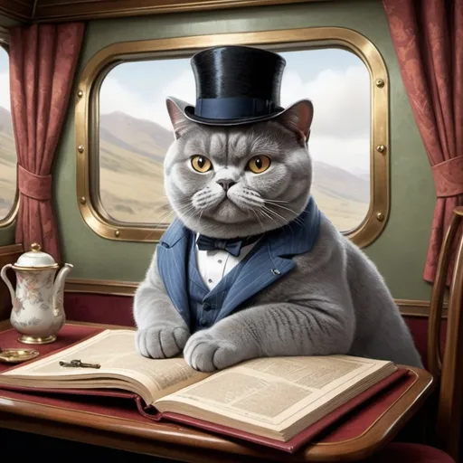 Prompt: An illustration of a British shorthair cat as Hercule Poirot on the Orient Express, in the style of Beatrix potter books