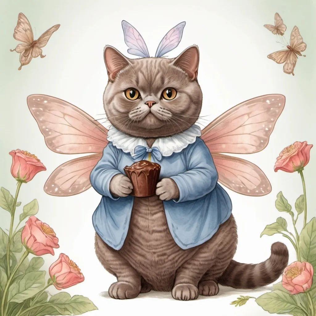 Prompt: Illustration of a chocolate british shorthair cat dressed as a fairy in the style of Beatrix Potter 