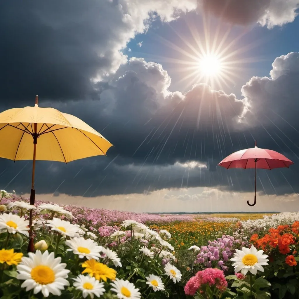 Prompt: A shining sun in the sky. There are two rain clouds with umbrellas underneath. There are other scattered clouds in the sky. Flowers and a few weeks are growing at the bottom of the picture.