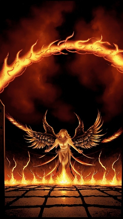 Prompt: Angels closing the gate of hell, as they close it s flame of fire flashes out of the narrow end