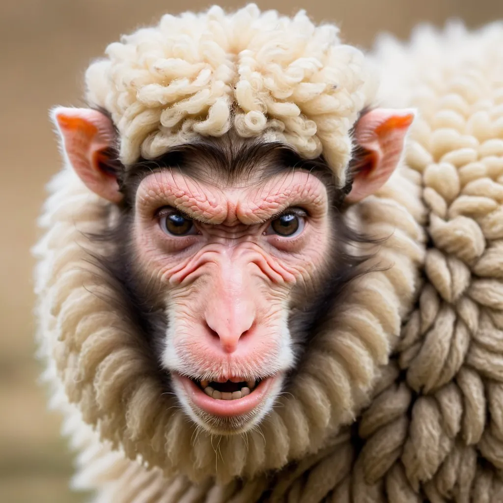 Prompt: Monkey faced giant sheep angry 