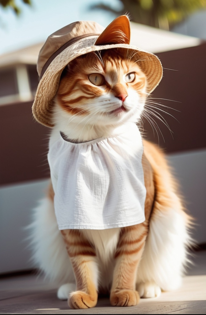 Prompt: a cat with captivating facial expression, sundress, sunlight on her face, furtalk hat