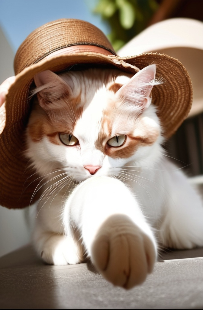 Prompt: a cat with captivating facial expression, sundress, sunlight on her face, furtalk hat