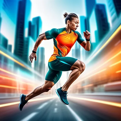 Prompt: Blurred motion of a person in athletic wear, dynamic and energetic pose, sprinting through a futuristic cityscape, digital art, 4k, high detail, futuristic, dynamic pose, urban setting, motion blur, energetic, athletic, futuristic cityscape, modern, professional, vibrant colors, dramatic lighting