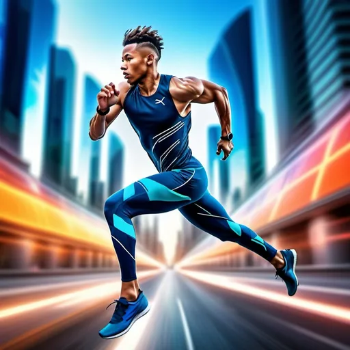 Prompt: Blurred motion of a person in athletic wear, dynamic and energetic pose, sprinting through a futuristic cityscape, digital art, 4k, high detail, futuristic, dynamic pose, urban setting, motion blur, energetic, athletic, futuristic cityscape, modern, professional, vibrant colors, dramatic lighting