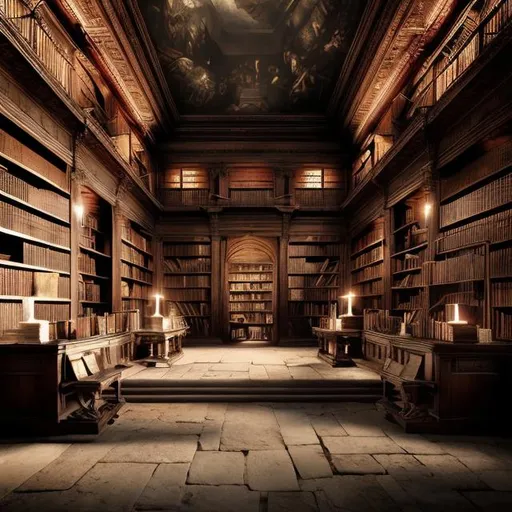 Prompt: Create a vivid and detailed image of an ancient library, capturing the essence of its rich history and scholarly atmosphere. Infuse the scene with subtle, mysterious undertones, embracing a slightly dark ambiance that adds intrigue to the settings. Your task is to evoke a sense of timelessness and wisdom within the image. 
