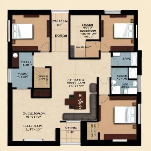 Prompt: My floor area 2200 ft 
I need 3 rooms with attach washroom
One Dining room
One guest room with washroom
One gurage and open area 
