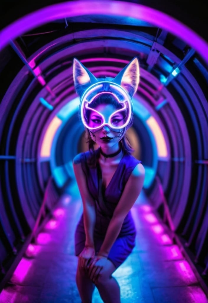 Prompt: a womans in a cat mask, cat ears and purple outfit in a tunnel with a circular light in the background and a circular light in the middle, Fan Kuan, retrofuturism, cosplay, a character portrait