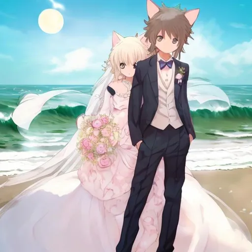 Prompt: an anime cat girl going to marry on the beach