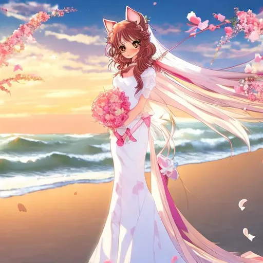 Prompt: an anime cat girl going to marry on the beach at sunset