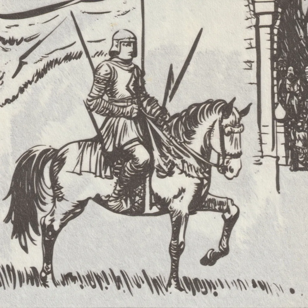 Prompt: Vintage clipart drawing of a knight on a horse, wearing 12th century armor, and have a banner in right hand,  The coat of arms on the banner is dotted and consists of small triangles, drawing is black and white, ink drawing, ruines in background