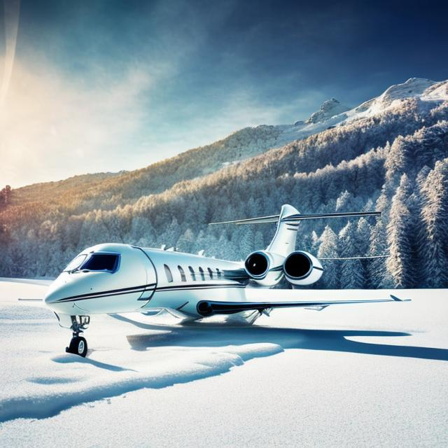 Prompt: Private jet in a winter landscape, snowy mountains in the background, luxury jet with sleek design, high quality, realistic, snowy landscape, private fly, exclusive travel, winter wonderland, snow-covered trees, detailed snow textures, professional, cool tones, atmospheric lighting