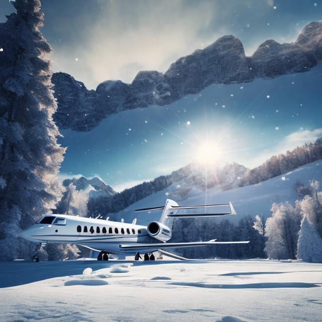 Prompt: Private jet in a winter landscape, snowy mountains in the background, luxury jet with sleek design, high quality, realistic, snowy landscape, private fly, exclusive travel, winter wonderland, snow-covered trees, detailed snow textures, professional, cool tones, atmospheric lighting