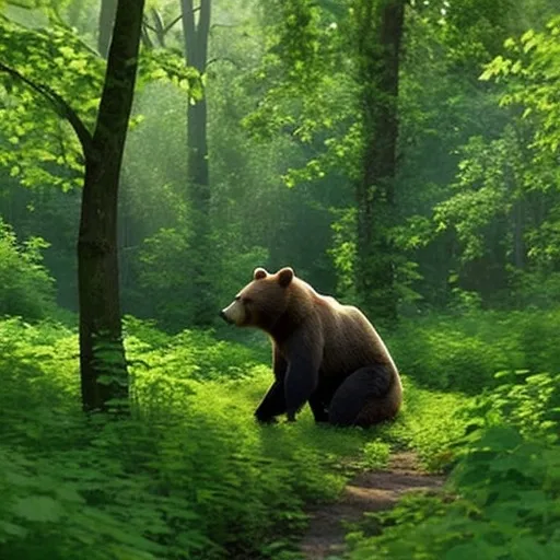 Prompt: A bear in a beautiful forest is sitting in a raspberry bush, its paws and mouth full of raspberries, sunbeams pass through the trees, dewdrops on the raspberry leaves