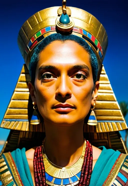 Prompt: queen Nefertiti on a throne on a huge barge floating on the Nile, at night,bright blue waters, lush green papyrus along the banks, (vibrant colors), a regal and serene expression, flowing Egyptian garments, cloudy day (ultra-detailed), cinematic atmosphere capturing ancient grandeur and mystique. View from the shore of the whole barge in, soft light around face