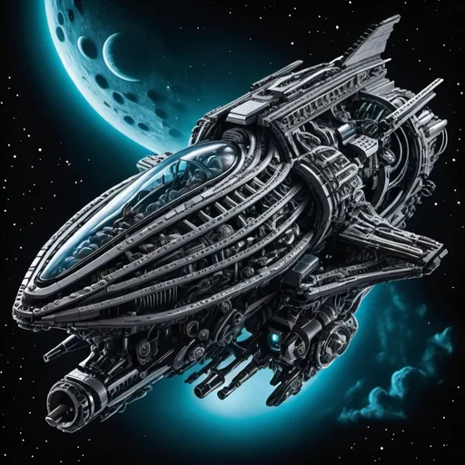 Prompt: Borg spaceship in the gruesome style of h r giver in lego in outer space