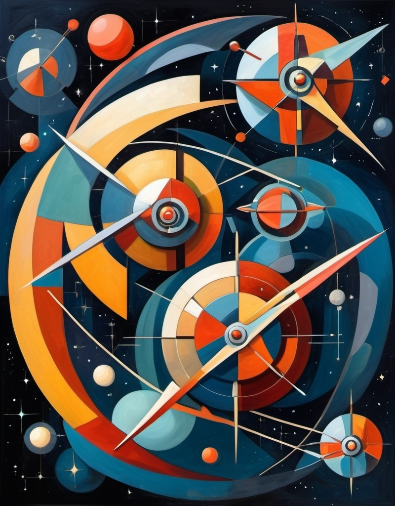 Prompt: Mechanical Satellites of love in outer sspace in the style of Cubism