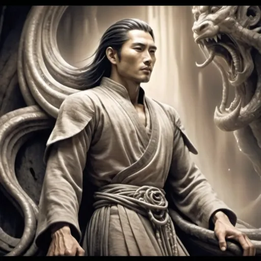 Prompt: An asian man, artistically rendered in a cinematic style, featuring a strong presence and elegant posture, wearing flowing fabrics that embody grace and strength. Warm, muted color tones create a captivating ambiance, with soft lighting illuminating the scene, enhancing the atmosphere of empowerment and femininity. The background showcases ethereal elements, contributing to a dreamy aesthetic. Ultra-detailed, high quality.