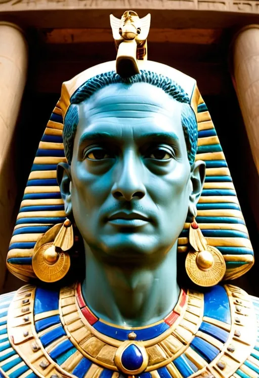 Prompt: White man very light complexion, King Ramses, on a throne on a huge barge floating on the Nile, at noon, light reflects off  blue waters, lush green papyrus along the banks, (vibrant colors), a regal and serene expression, flowing Egyptian garments, cloudy day (ultra-detailed), cinematic atmosphere capturing ancient grandeur and mystique. View from the shore of the whole barge in, soft light around face