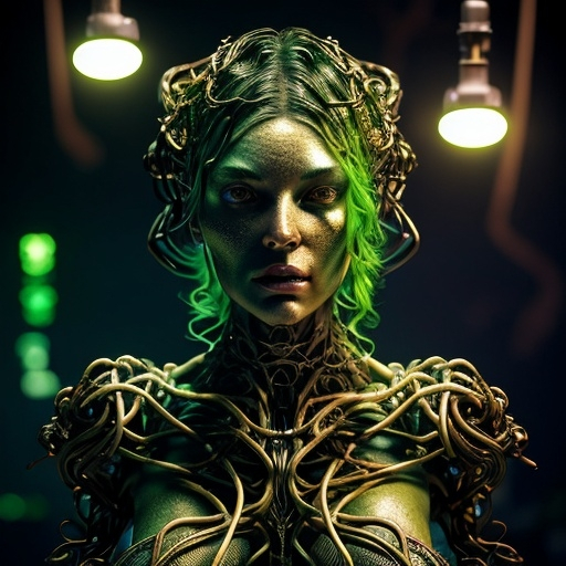 Prompt: A surreal biomechanical portrait of Gaia, the primordial Greek goddess of Earth, reimagined as a divine fusion of nature and machine. Her body is composed of ancient marble-like skin intertwined with golden biomechanical structures, metallic vines, and intricate organic gears. Emerald moss and glowing bioluminescent plants grow from her armor-like chest and shoulders. Her eyes emit soft green neon light, symbolizing life and wisdom. Cracks on her skin reveal golden circuitry beneath, pulsing with energy. She stands in a vast, overgrown cybernetic forest—roots made of cables, trees with chrome leaves, and neon-lit fog surrounding her. The atmosphere is mystical and ancient, lit with a cinematic blend of golden sunlight and emerald green glows. Ultra-detailed textures, high contrast dramatic lighting, symbolic surreal composition, a divine yet post-human presence.