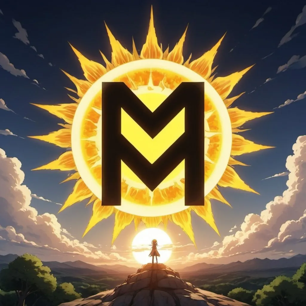 Prompt: Behind the anime characters there will be a large sun, and on top of it all there will be a large letter M (in the usual style) that glows yellow