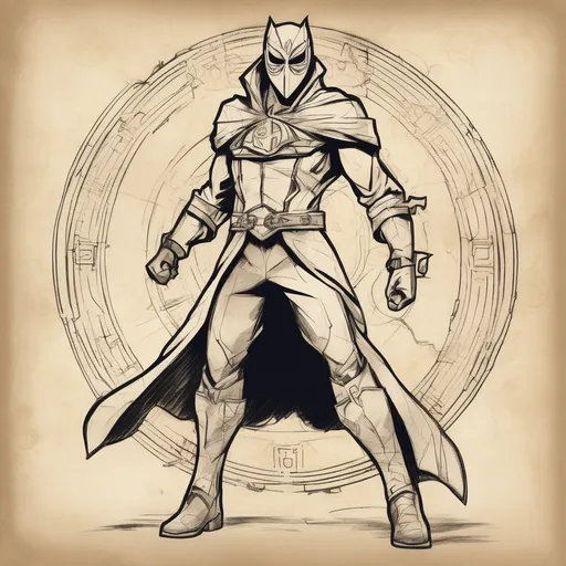 Prompt: A rough sketch fills the lined paper, depicting a stylized hero figure with a masked face and distinctive attire accentuated by a central emblem on the chest. The character stands in a dynamic pose with arms slightly bent, suggesting readiness for action. The lines are somewhat shaky, adding an element of rough charm to the drawing, while the accompanying text hints at a name for the character, inviting viewers to engage with the imagination behind the creation. The overall atmosphere of the sketch conveys a playful, creative spirit, capturing the essence of a budding superhero concept.