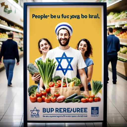 Prompt: a poster that embraces people to buy groceries made in israel

