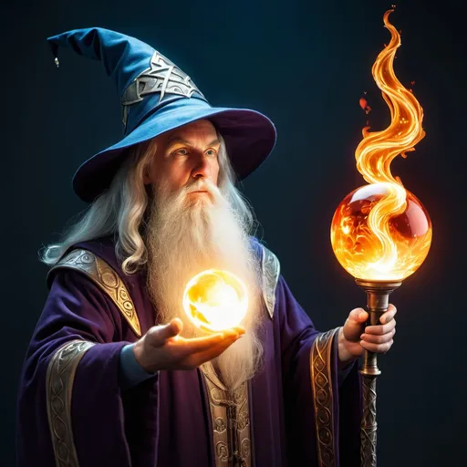 Prompt: A wizard holding a flaming torch staring at a floating bright orb