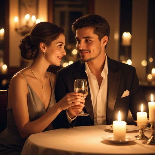 Prompt: Romantic couple toasting in a candlelit restaurant, elegant attire, soft and warm lighting, fine dining setting, high quality, romantic, sophisticated, candlelit, elegant attire, luxurious, atmospheric lighting, detailed expressions, romantic atmosphere, celebratory mood, watch, earring, pretty woman, 