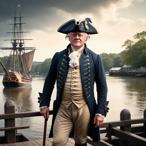 Prompt: Colonial America, 1760’s, Alan Hale, wearing Frock coat, Tricorne hat, at the Landing on the river over seeing the off loading crests from England which have arrived on the Bark, is The image captivates with its high definition, capturing every minute detail, giving the impression of being able to step into the past itself, ultra sharp focus, gritty and dramatic lighting, epic widescreen photography style 8k, Full View