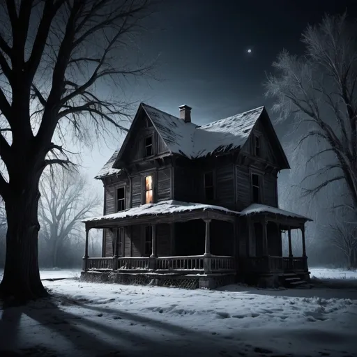Prompt: اصنعي صورة لبيت صغير قديم، مع نوافذ خشبية، ويبدو مهجورًا في ظل ضوء القمر الخافت. الأشجار المحيطة به تبدو مظلمة ومتجمدة.