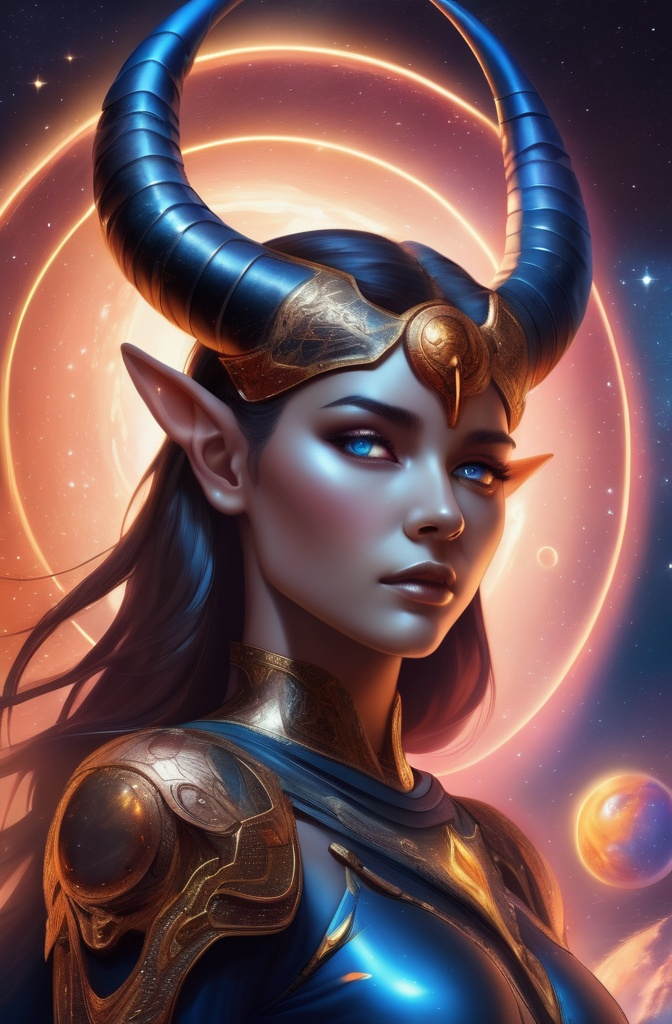Prompt: zodiac beautiful woman, fair skin, glow eyes, in space standing looking at the future, surrounded by stars and planets, powerful, energy flow, warrior queen, looking rich with aries horns.