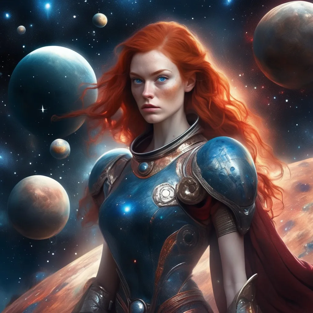 Prompt: beautiful woman with a hammer, fair skin, blue eyes, red hair, in space standing looking at the future, surrounded by stars and planets, powerful, energy, warrior queen, looking rich.