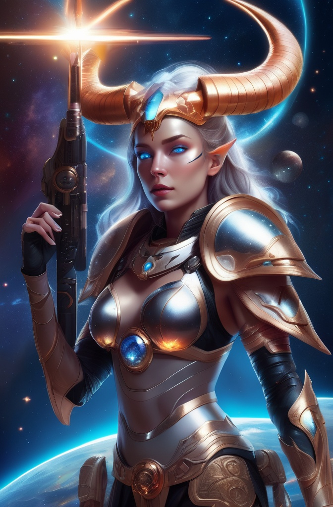 Prompt: beautiful woman holding a weapon, fair skin, blue eyes, in space standing looking at the future, surrounded by stars and planets, powerful, energy flow, warrior queen, looking rich with aries horns.