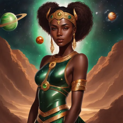 Prompt: beautiful woman brown skin, green eyes, surrounded by stars and planets, aries born, warrior queen, looking rich.